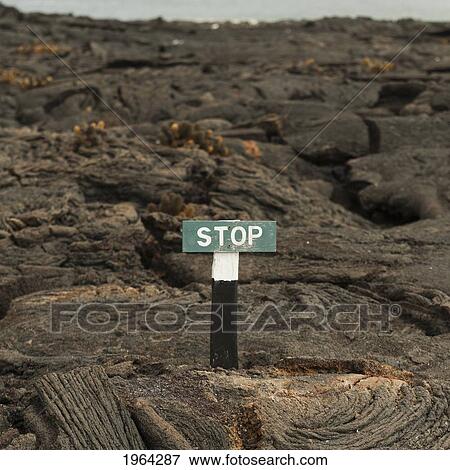 Stock Photo - a stop sign posted on molten rock; galapagos, equador. Fotosearch