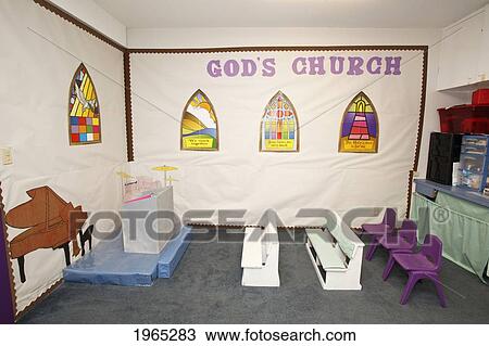 Stock Image - a sunday school classroom decorated as a miniature church building; portland oregon united states of america. Fotosearch