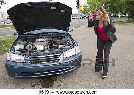 a woman looks at fluid leaking from her car; edmonton, alberta, canada View Large Photo Image Picture - a woman looks at fluid leaking from her car; edmonton, alberta, canada. Fotosearch