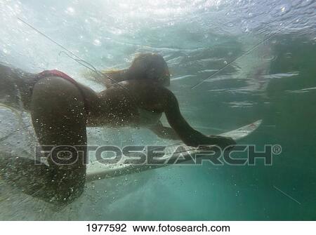 Stock Image - a woman on a surfboard under the water; tarifa cadiz andalusia spain. Fotosearch
