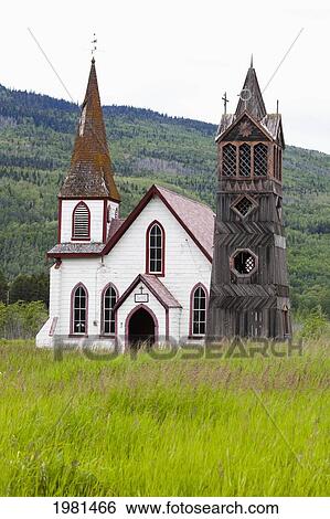 old white frontier church with secondary steeple; kitwanga british columbia canada View Large Photo Image Stock Photograph - old white frontier church with secondary steeple; kitwanga british columbia canada. Fotosearch