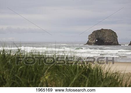 Stock Photo - rock formation in the ocean with waves on a grassy beach; rockaway beach oregon united states of america. Fotosearch