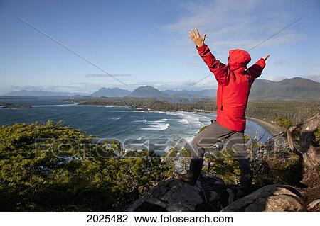 A Man Wearing A Red Jacket Looks Out At The View Of Cox Bay Near Tofino With Arms Raised; British Columbia Canada View Large Photo Image Stock Image - A Man Wearing A Red Jacket Looks Out At The View Of Cox Bay Near Tofino With Arms Raised; British Columbia Canada. Fotosearch