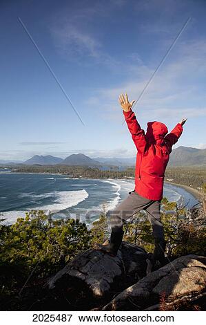 A Man Wearing A Red Jacket Looks Out At The View Of Cox Bay Near Tofino With Arms Raised; British Columbia Canada View Large Photo Image Stock Photo - A Man Wearing A Red Jacket Looks Out At The View Of Cox Bay Near Tofino With Arms Raised; British Columbia Canada. Fotosearch