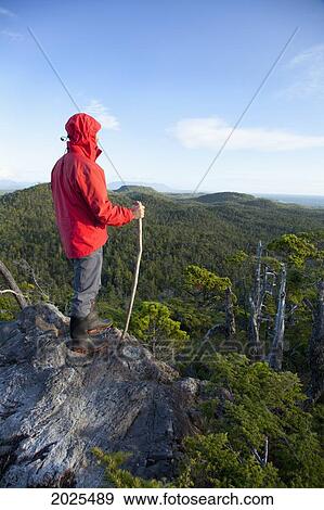 Stock Photo - A Man Wearing A Red Jacket Looks Out At The View Of Cox Bay Near Tofino; British Columbia Canada. Fotosearch