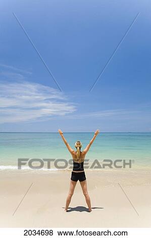 A Woman Tourist Standing With Arms Raised On A Tropical Island; Koh Lanta Thailand View Large Photo Image Stock Photo - A Woman Tourist Standing With Arms Raised On A Tropical Island; Koh Lanta Thailand. Fotosearch