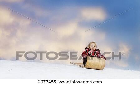 A young girl rides a toboggan down a snowy hill; spruce grove alberta canada View Large Photo Image Stock Photography - A young girl rides a toboggan down a snowy hill; spruce grove alberta canada. Fotosearch