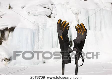 Stock Photo - Close up of cross-country ski gloves on top of poles with a frozen ice wall and snow covered cliffs in the background; alberta canada. Fotosearch
