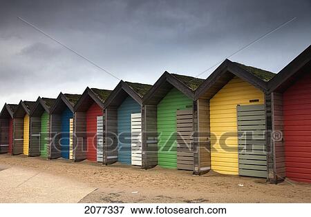 Stock Photo - Colourful beach huts; blythe northumberland england. Fotosearch