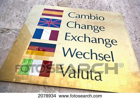 Currency change sign outside bank; madrid spain View Large Photo Image Picture - Currency change sign outside bank; madrid spain. Fotosearch