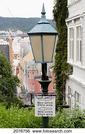 Stock Photograph - Directional sign with arrows posted on a light post; bergen norway. Fotosearch