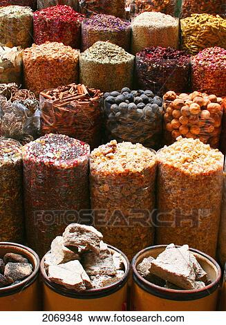 Stock Photo - Display Of Various Food Items At A Market; Dubai United Arab Emirates. Fotosearch