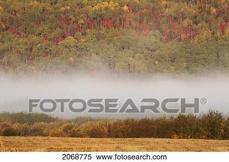 Stock Photography - Fog Hovering Beside A Mountain In Autumn Colours; Thunder Bay Ontario Canada. Fotosearch