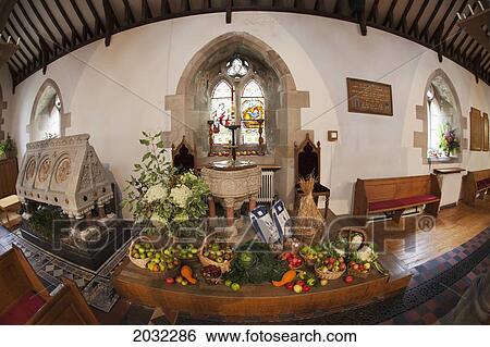 Stock Photograph - Fresh Food On Display On A Table For Harvest Festival; Kelso Scottish Borders Scotland. Fotosearch