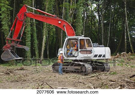 Stock Photograph - Heavy equipment operators with a backhoe in the forest; portland oregon united states of america. Fotosearch