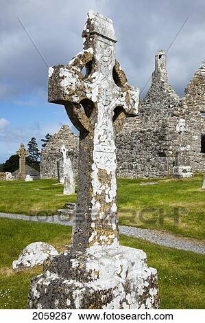 Stock Photo - High Cross Tombstone In A Cemetery; Clonmacnoise County Offaly Ireland. Fotosearch