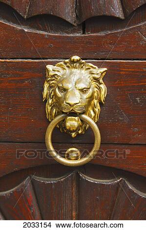 Picture - Lion Door Knocker In Mala Strana District; Prague Hlavni Mesto Praha Czech Republic. Fotosearch