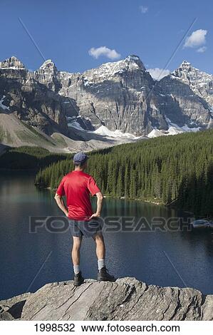 Male Standing On Cliff Lookout Overlooking A Lake And Mountain Range With Blue Sky; Alberta Canada View Large Photo Image Stock Image - Male Standing On Cliff Lookout Overlooking A Lake And Mountain Range With Blue Sky; Alberta Canada. Fotosearch