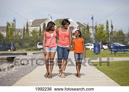 Stock Photograph - Mother And Daughters Walking In A Residential Lake Area; Edmonton Alberta Canada. Fotosearch