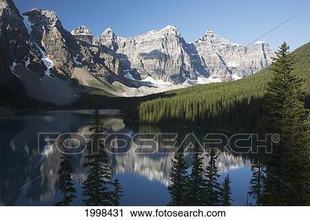 Mountain Range And Lake Reflection With Blue Sky; Alberta Canada View Large Photo Image Stock Image - Mountain Range And Lake Reflection With Blue Sky; Alberta Canada. Fotosearch