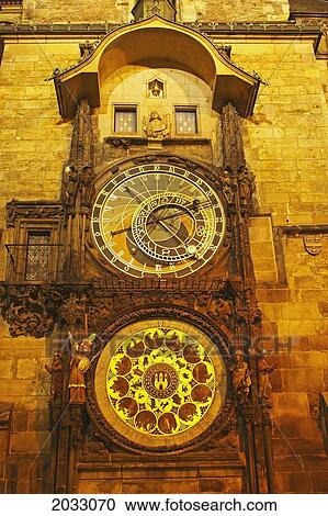 Stock Image - Night Lights Of The Astronomical Clock On The Old Town Hall In The Old Town Square Or Stare Mesto; Prague Hlavni Mesto Praha Czech Republic. Fotosearch