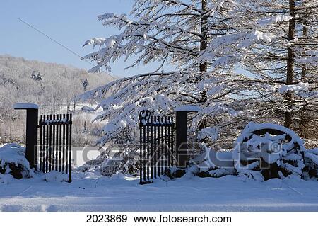 Stock Photo - Old Gate And Wooden Wagon Wheel Covered In Snow; East Hill Quebec Canada. Fotosearch