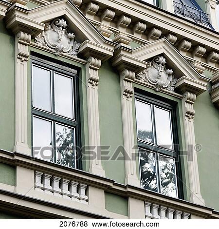 Stock Photo - Ornate facade on a green building; oslo norway. Fotosearch