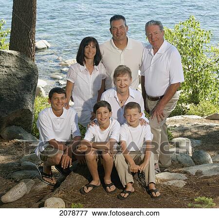 Stock Photo - Portait of a family of five with grandparents; lake tahoe california united states of america. Fotosearch