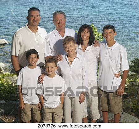 Stock Photograph - Portait of a family of five with grandparents; lake tahoe california united states of america. Fotosearch