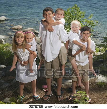Stock Photography - Portrait of six children; lake tahoe california united states of america. Fotosearch