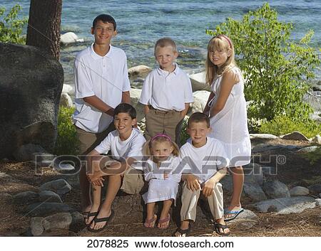 Stock Photography - Portrait of six children; lake tahoe california united states of america. Fotosearch