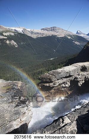 Rainbow From Spray Of Mountain River At The Top Of A Cliff With Valley And Mountain Range In The Distance With Blue Sky; Field British Columbia Canada View Large Photo Image Stock Photograph - Rainbow From Spray Of Mountain River At The Top Of A Cliff With Valley And Mountain Range In The Distance With Blue Sky; Field British Columbia Canada. Fotosearch