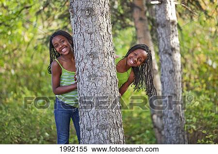 Stock Photography - Sisters Hiding Behind A Tree In A Park; Edmonton Alberta Canada. Fotosearch