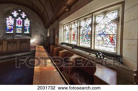 Stock Image - Stained Glass Windows Inside A Church; Northumberland England. Fotosearch
