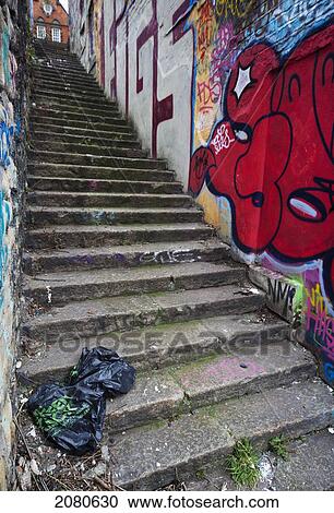 Steep concrete steps with a graffiti covered wall; newcastle northumberland england View Large Photo Image Stock Image - Steep concrete steps with a graffiti covered wall; newcastle northumberland england. Fotosearch