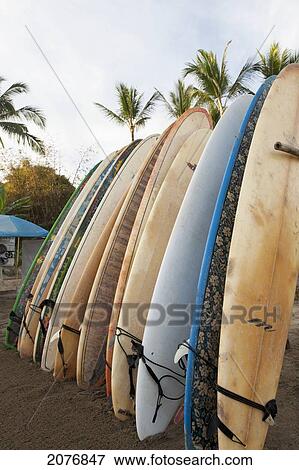 Stock Photo - Surfboards standing up against a rack on the beach; sayulita mexico. Fotosearch