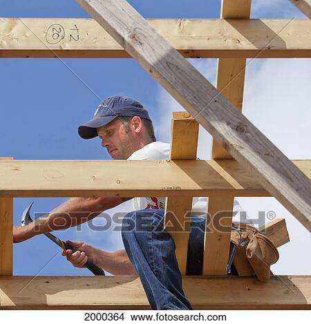 Tradesman Working On Framing For New Home Construction; St. Albert Alberta Canada View Large Photo Image Picture - Tradesman Working On Framing For New Home Construction; St. Albert Alberta Canada. Fotosearch