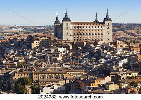 Stock Image - View Over The City To The Alcazar; Toledo Toledo Province Castilla La Mancha Spain. Fotosearch