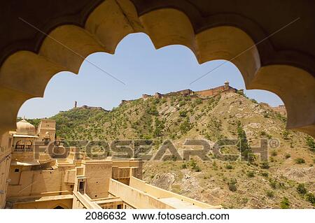 Stock Image - View through a sculpted archway in amer fort; jaipur rajasthan india. Fotosearch