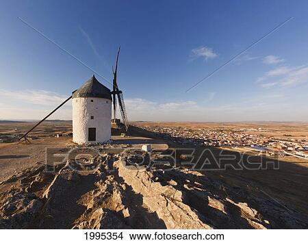 Windmill And A Castle; Consuegra Toledo Province Spain View Large Photo Image Picture - Windmill And A Castle; Consuegra Toledo Province Spain. Fotosearch