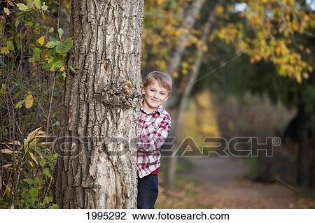 Young Boy Hiding Behind A Tree In A Park In Autumn; Edmonton Alberta Canada View Large Photo Image Stock Image - Young Boy Hiding Behind A Tree In A Park In Autumn; Edmonton Alberta Canada. Fotosearch