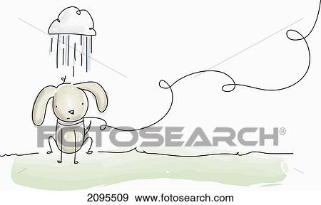 Stock Photo - A dog on a leash standing under a rain cloud; british columbia canada. Fotosearch