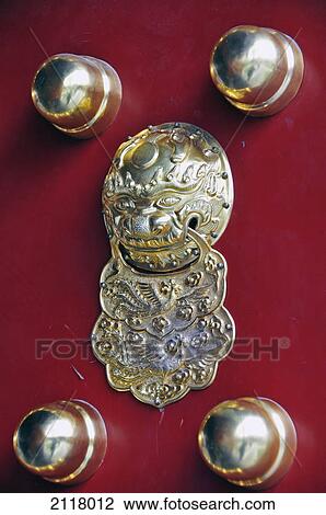 A gold door knocker on a red door; beijing china View Large Photo Image Stock Image - A gold door knocker on a red door; beijing china. Fotosearch