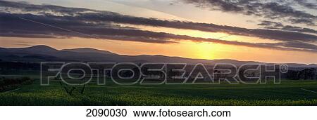 Stock Image - A landscape at sunset; northumberland, england. Fotosearch