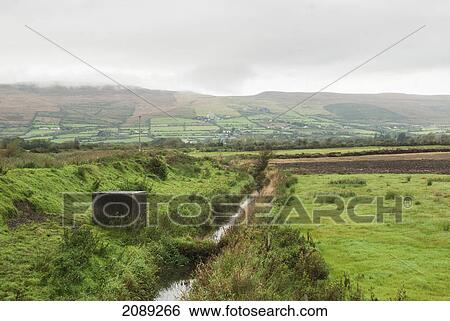 Stock Photograph - A stream runs through a field and heavy clouds over a landscape; ireland. Fotosearch