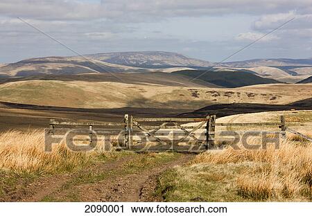 A wooden gate across a dirt trail with a rolling hill landscape in the distance; cheviot hills, northumberland, england View Large Photo Image Stock Image - A wooden gate across a dirt trail with a rolling hill landscape in the distance; cheviot hills, northumberland, england. Fotosearch
