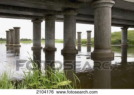 Stock Photograph - Bridge pillars showing healthy green foliage and environment; st. albert alberta canada. Fotosearch