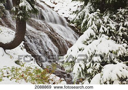 First snow in autumn along umbrella falls on mount hood in the oregon cascades; oregon, united states of america View Large Photo Image Stock Photo - First snow in autumn along umbrella falls on mount hood in the oregon cascades; oregon, united states of america. Fotosearch