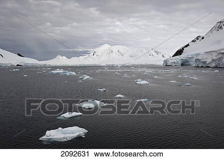 Stock Image - Icebergs in the water along the coastline; antarctica. Fotosearch