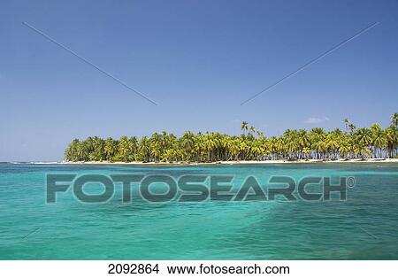 Palm trees along the green water with blue sky; arridup island, san blas islands, panama View Large Photo Image Picture - Palm trees along the green water with blue sky; arridup island, san blas islands, panama. Fotosearch